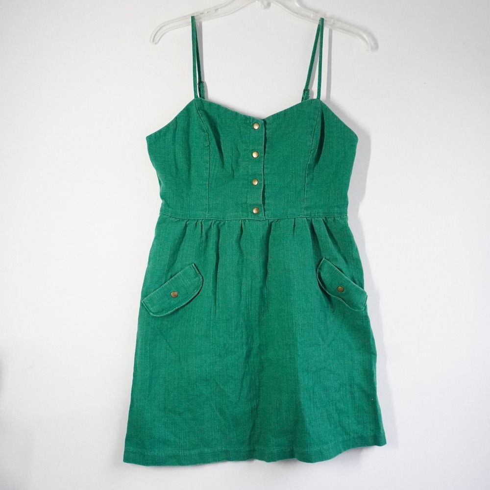 Emerald Green Linen Blend Button Front Mini Sundress with Back Cutout Detail S/M